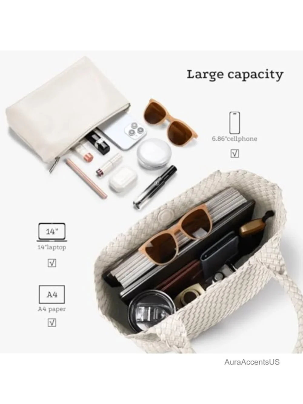 Large Vegan Leather Woven Tote Bag with Inner Pouch